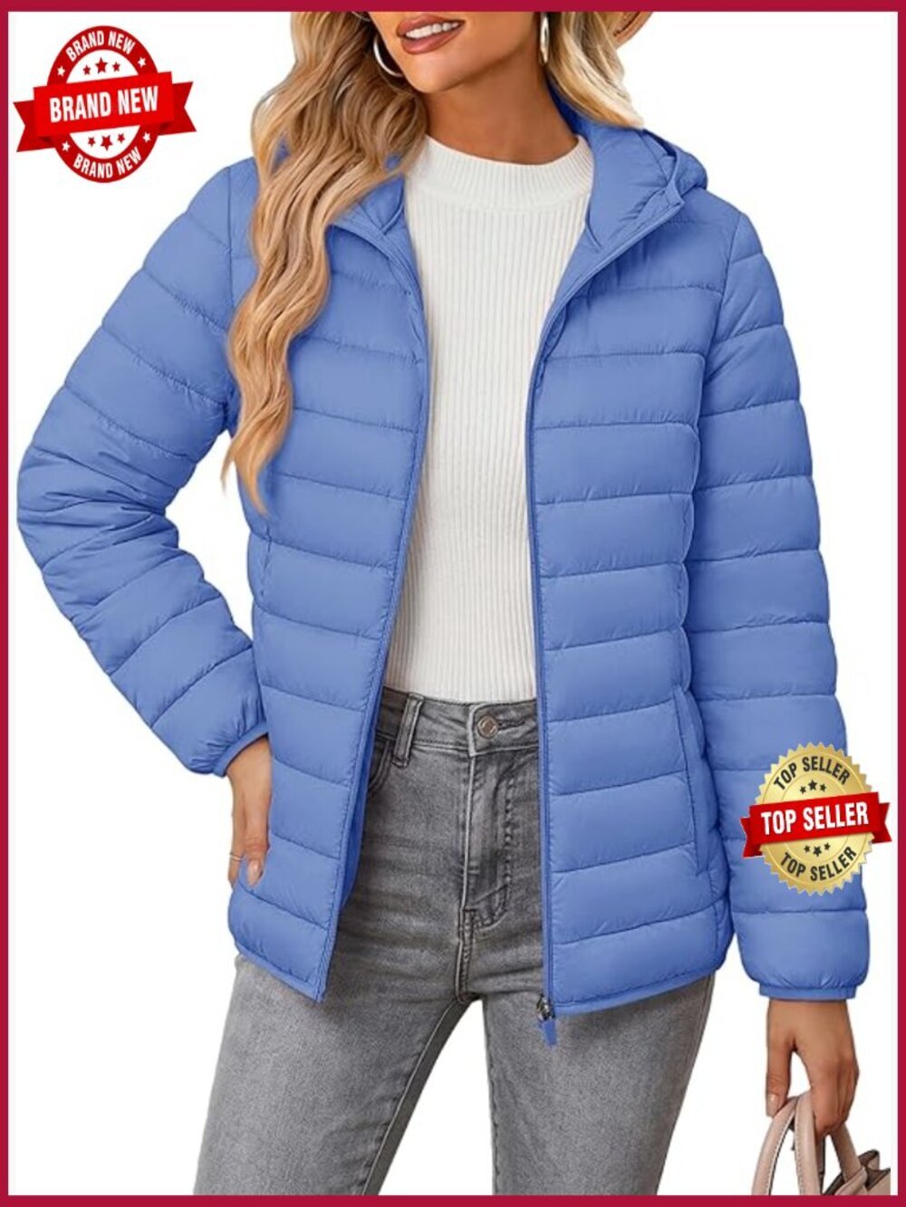 Lightweight Quilted Puffer Jacket with Hood Zip-Up Pockets